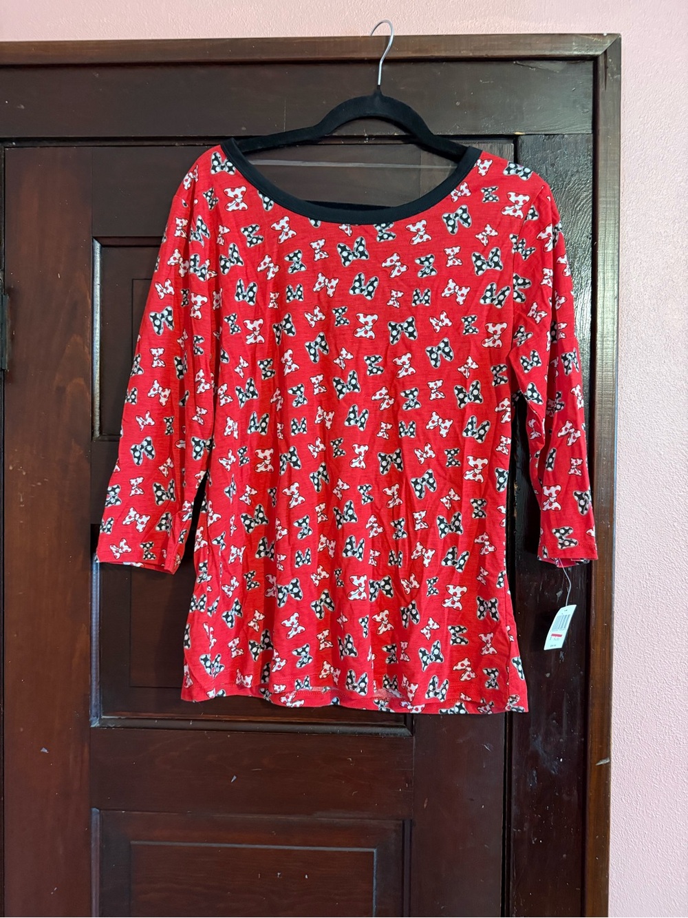 Women’s Red Printed 3/4 Long Sleeve Top Minnie Disney Bow